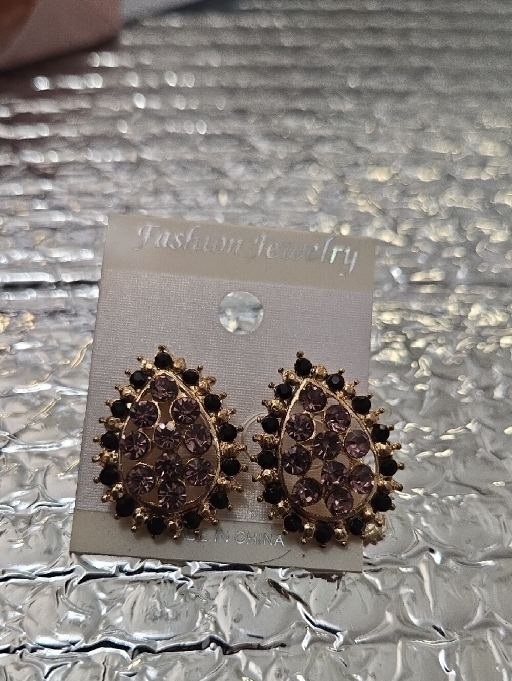 Fashion Jewelry Gold-Tone Teardrop Earrings with Lavender/ Pinkand Black Accents - Picture 5 of 5